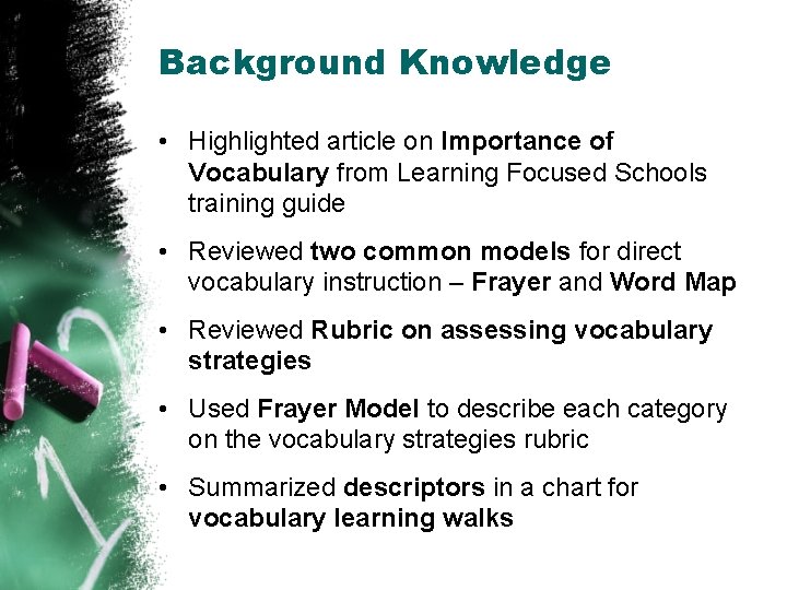 Background Knowledge • Highlighted article on Importance of Vocabulary from Learning Focused Schools training