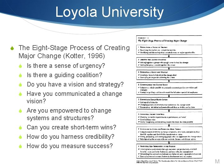 Loyola University S The Eight-Stage Process of Creating Major Change (Kotter, 1996) S Is