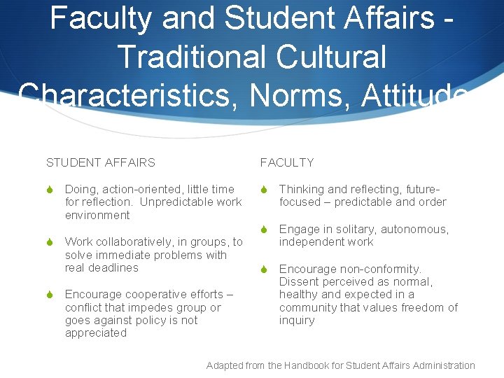 Faculty and Student Affairs Traditional Cultural Characteristics, Norms, Attitudes STUDENT AFFAIRS S FACULTY Doing,