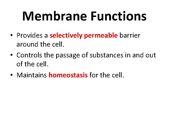 Membrane Functions • Provides a selectively permeable barrier around the cell. • Controls the