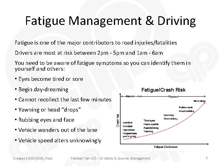 Fatigue Management & Driving Fatigue is one of the major contributors to road injuries/fatalities