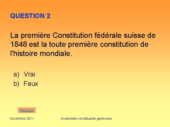 QUESTION 2 La première Constitution fédérale suisse de 1848 est la toute première constitution