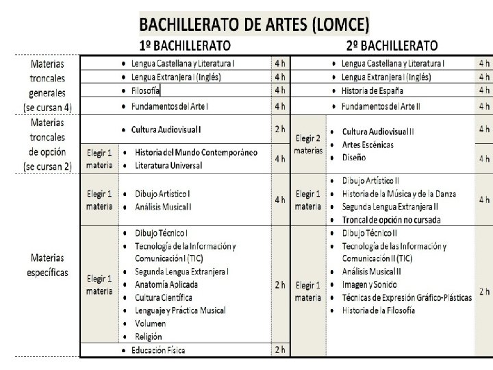 *Materias Obligatorias. Filosofía ●Lengua Castellana y Literatura I ●Fundamentos del Arte I ●Primera Lengua