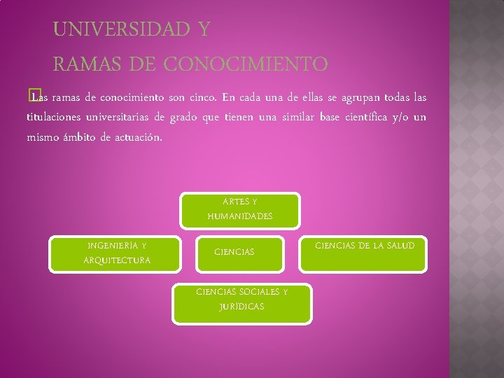 UNIVERSIDAD Y RAMAS DE CONOCIMIENTO � Las ramas de conocimiento son cinco. En cada