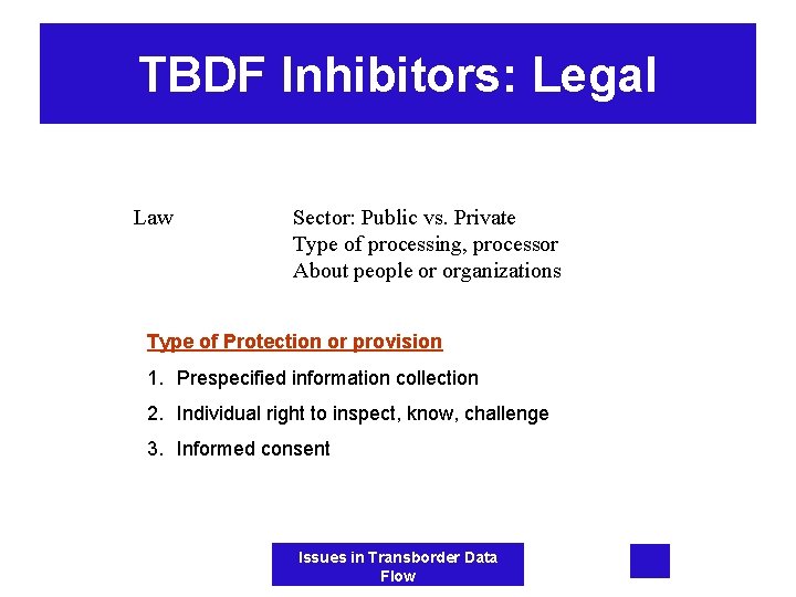 TBDF Inhibitors: Legal Law Sector: Public vs. Private Type of processing, processor About people
