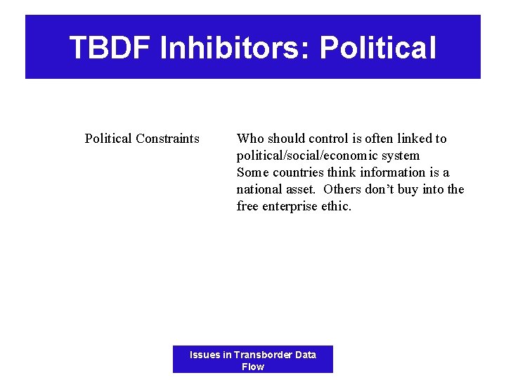 TBDF Inhibitors: Political Constraints Who should control is often linked to political/social/economic system Some