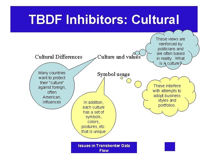 TBDF Inhibitors: Cultural Differences Many countries want to protect their “culture” against foreign, often