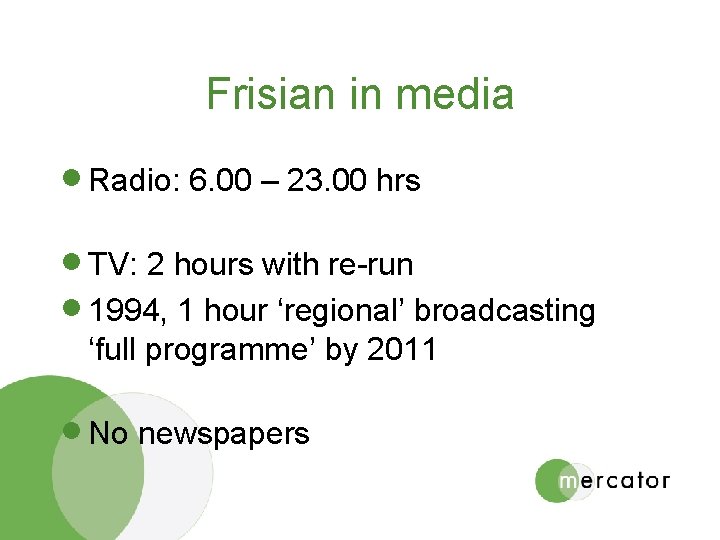 Frisian in media · Radio: 6. 00 – 23. 00 hrs · TV: 2
