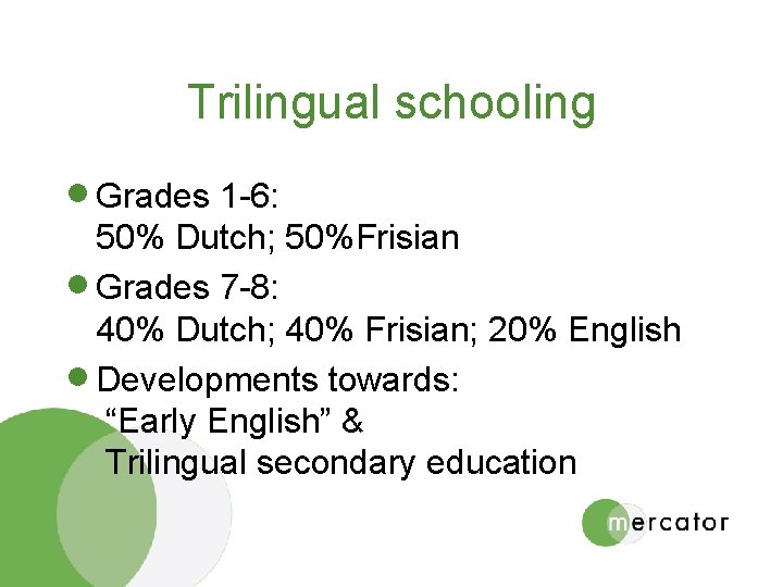 Trilingual schooling · Grades 1 -6: 50% Dutch; 50%Frisian · Grades 7 -8: 40%