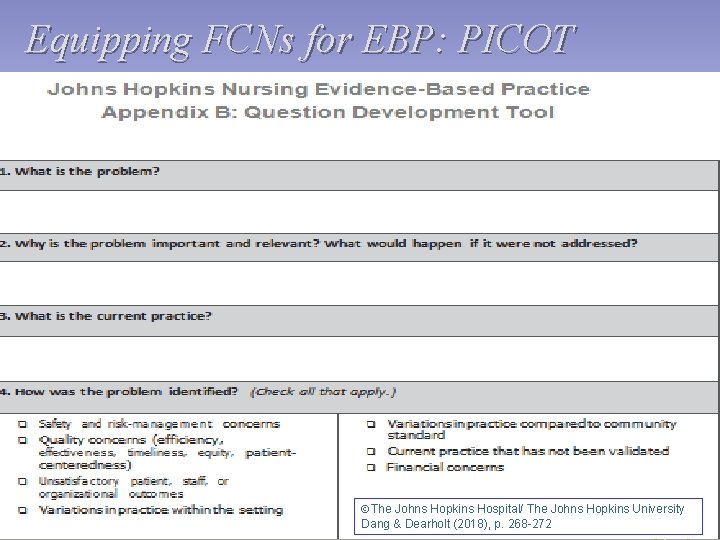 Equipping FCNs for EBP: PICOT ÓThe Johns Hopkins Hospital/ The Johns Hopkins University Dang