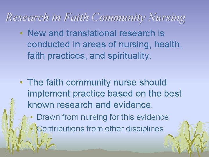 Research in Faith Community Nursing • New and translational research is conducted in areas