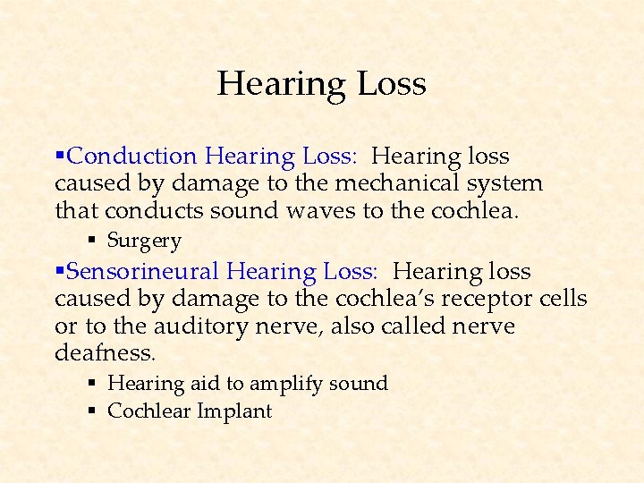 Hearing Loss §Conduction Hearing Loss: Hearing loss caused by damage to the mechanical system