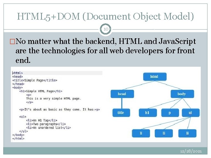 HTML 5+DOM (Document Object Model) 10 �No matter what the backend, HTML and Java.