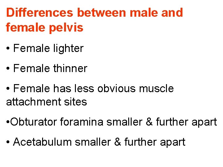 Differences between male and female pelvis • Female lighter • Female thinner • Female