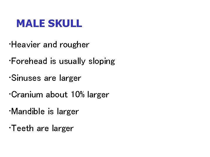 MALE SKULL • Heavier and rougher • Forehead is usually sloping • Sinuses are