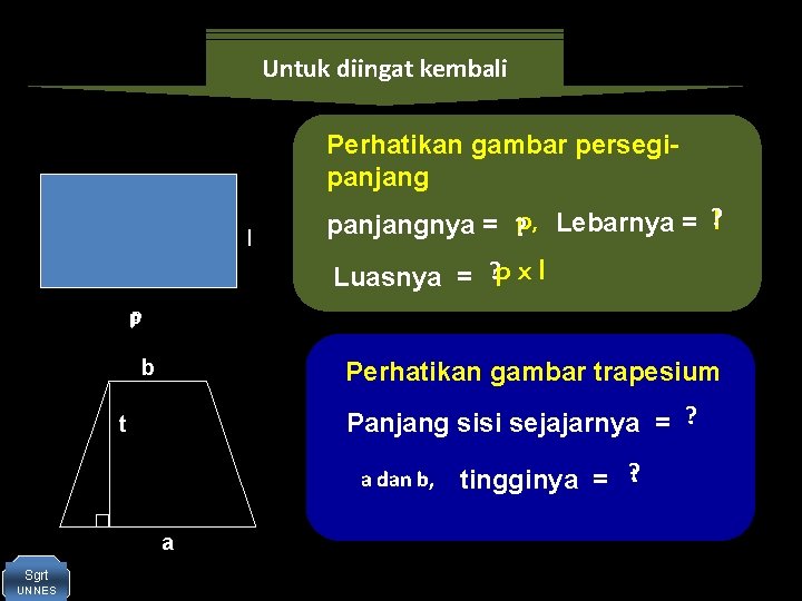 Untuk diingat kembali Perhatikan gambar persegipanjang l panjangnya = ? p, Lebarnya = ?