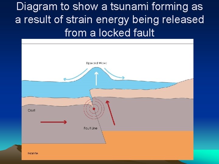 Diagram to show a tsunami forming as a result of strain energy being released