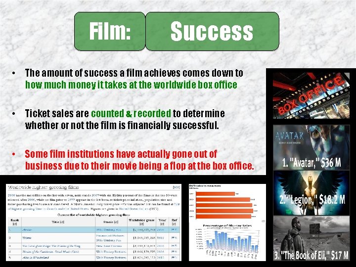 Film: Success • The amount of success a film achieves comes down to how