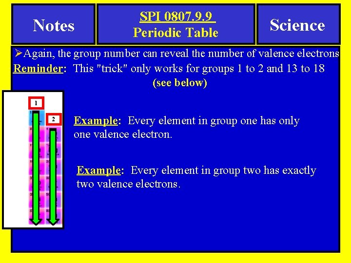 Notes SPI 0807. 9. 9 Periodic Table Science ØAgain, the group number can reveal