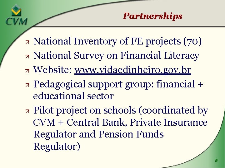 Partnerships ä ä ä National Inventory of FE projects (70) National Survey on Financial