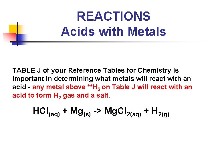 REACTIONS Acids with Metals TABLE J of your Reference Tables for Chemistry is important