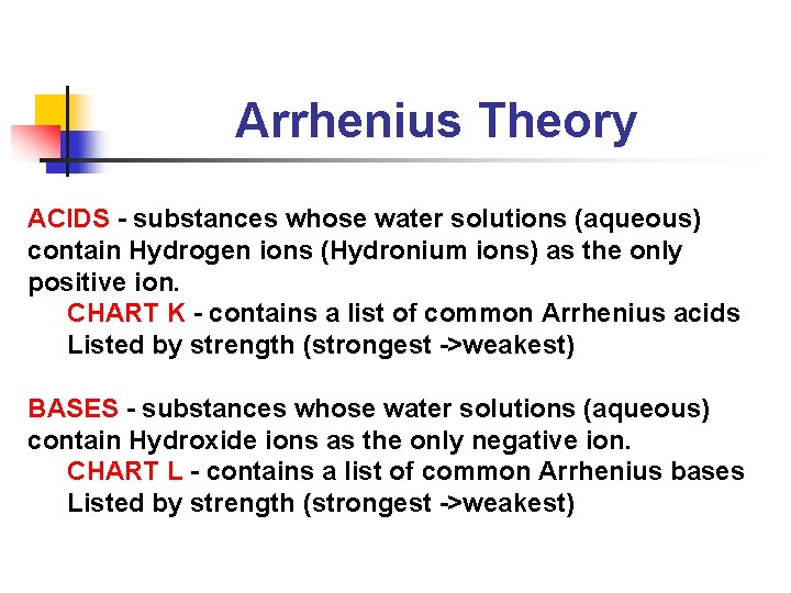 Arrhenius Theory ACIDS - substances whose water solutions (aqueous) contain Hydrogen ions (Hydronium ions)