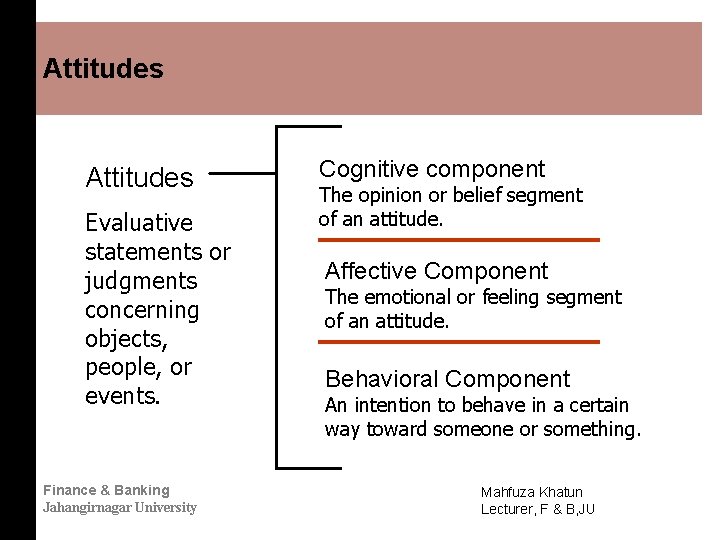 Attitudes Evaluative statements or judgments concerning objects, people, or events. Finance & Banking Jahangirnagar