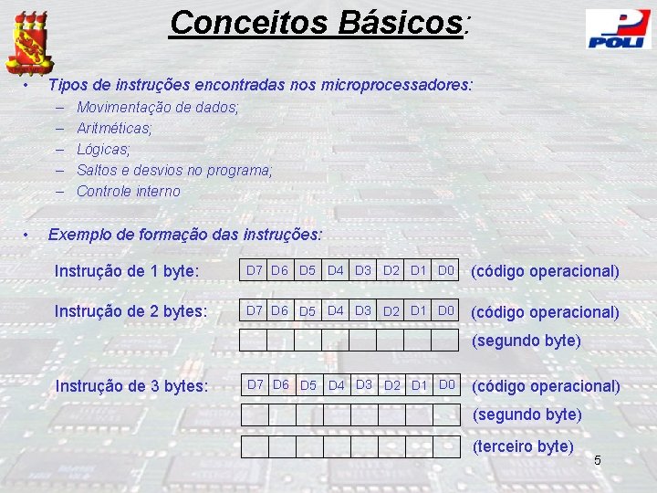 Conceitos Básicos: • Tipos de instruções encontradas nos microprocessadores: – – – • Movimentação