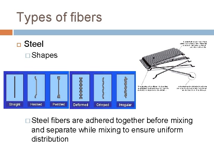 Types of fibers Steel � Shapes � Steel fibers are adhered together before mixing