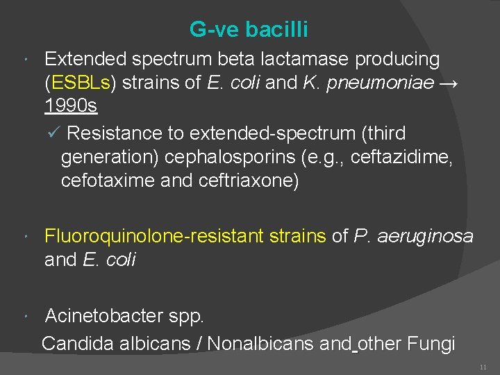 G-ve bacilli Extended spectrum beta lactamase producing (ESBLs) strains of E. coli and K.