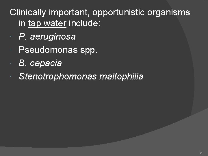 Clinically important, opportunistic organisms in tap water include: P. aeruginosa Pseudomonas spp. B. cepacia