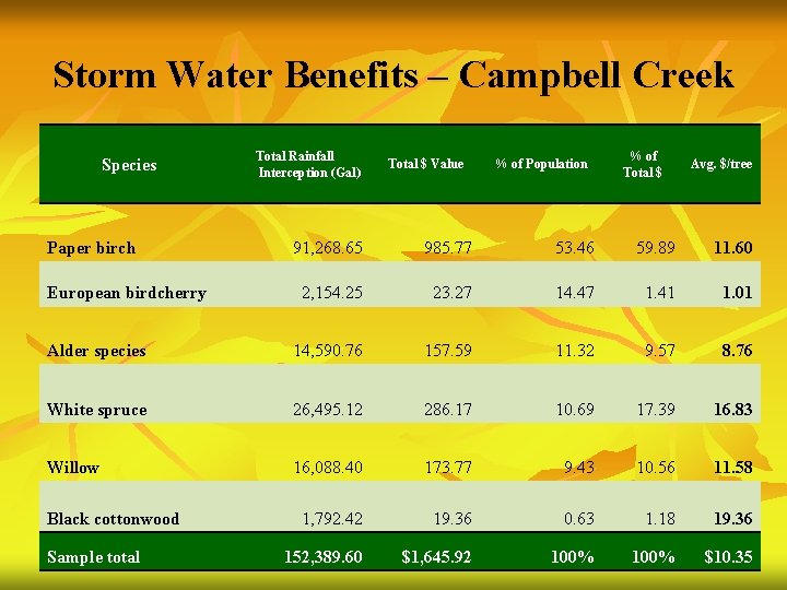 Storm Water Benefits – Campbell Creek Species Paper birch Total Rainfall Interception (Gal) Total