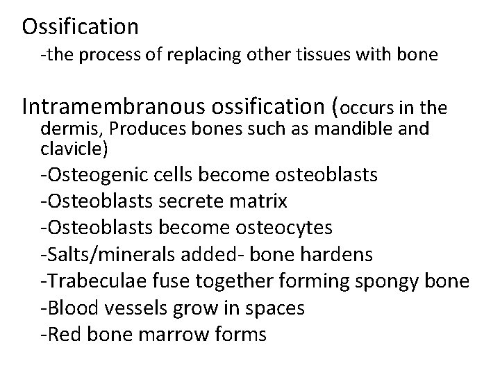 Ossification -the process of replacing other tissues with bone Intramembranous ossification (occurs in the