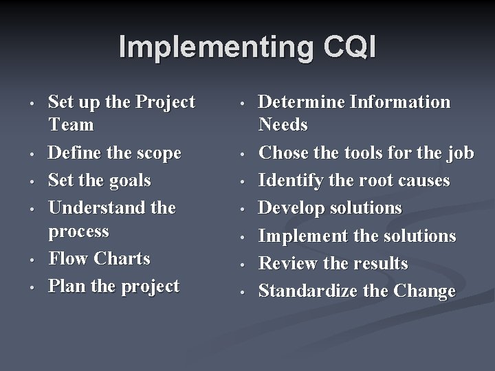 Implementing CQI • • • Set up the Project Team Define the scope Set