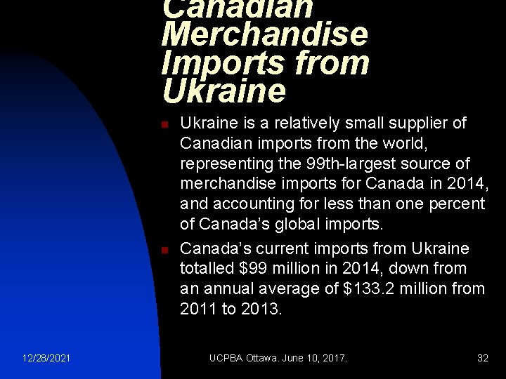 Canadian Merchandise Imports from Ukraine n n 12/28/2021 Ukraine is a relatively small supplier