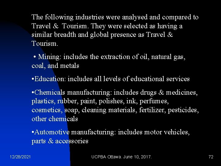 The following industries were analysed and compared to Travel & Tourism. They were selected