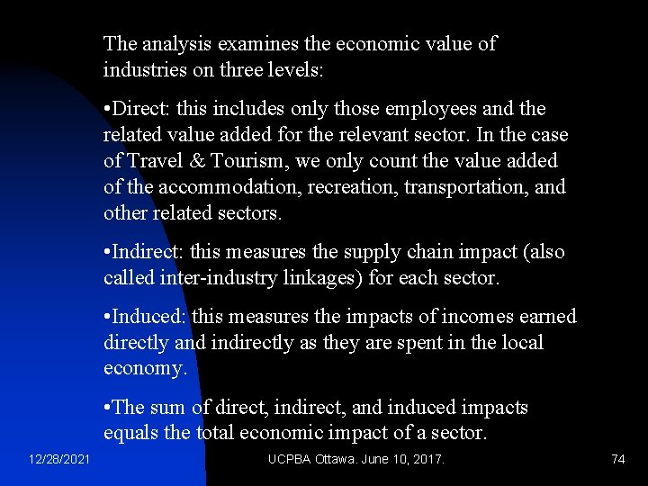 The analysis examines the economic value of industries on three levels: • Direct: this