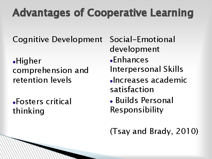 Advantages of Cooperative Learning Cognitive Development Social-Emotional development Enhances Higher Interpersonal Skills comprehension and