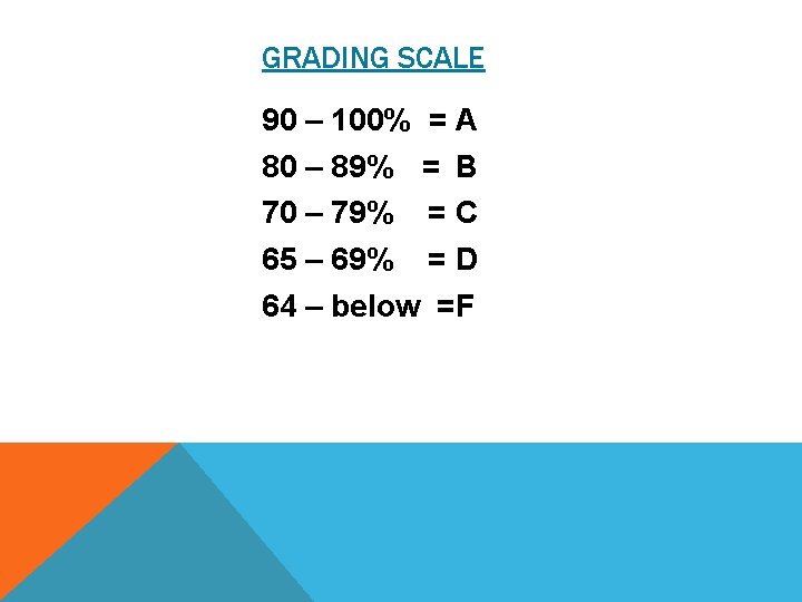 GRADING SCALE 90 – 100% = A 80 – 89% = B 70 –