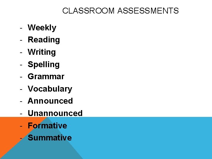 CLASSROOM ASSESSMENTS - Weekly Reading Writing Spelling Grammar Vocabulary Announced Unannounced Formative Summative 