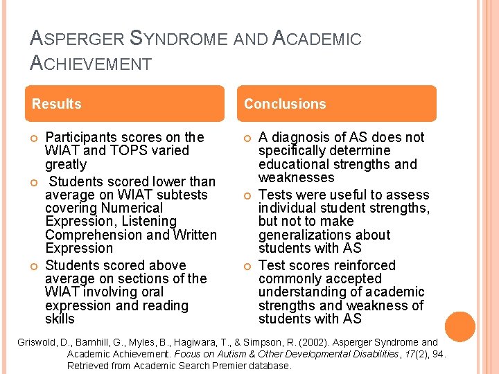 ASPERGER SYNDROME AND ACADEMIC ACHIEVEMENT Results Participants scores on the WIAT and TOPS varied