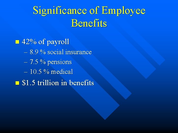 Significance of Employee Benefits n 42% of payroll – 8. 9 % social insurance