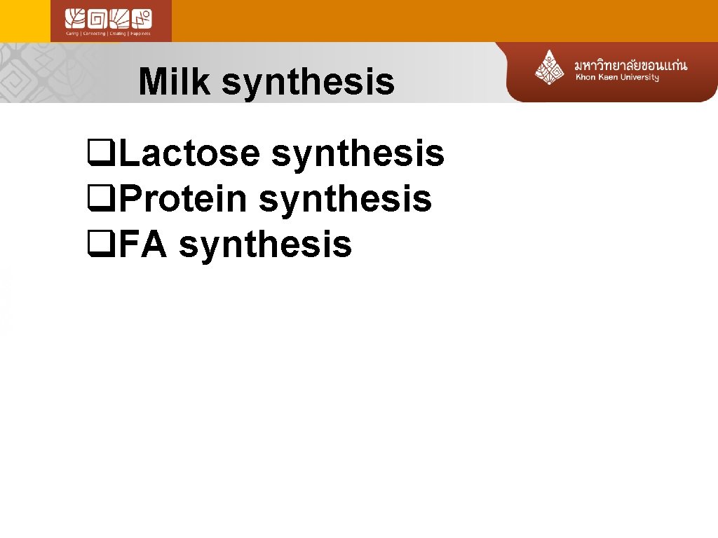 Milk synthesis q. Lactose synthesis q. Protein synthesis q. FA synthesis 