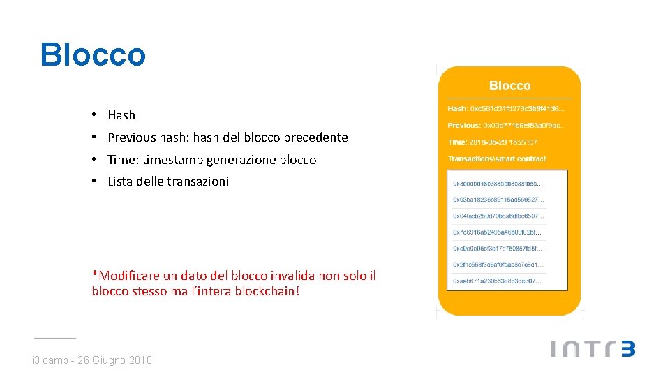 Blocco • Hash • Previous hash: hash del blocco precedente • Time: timestamp generazione