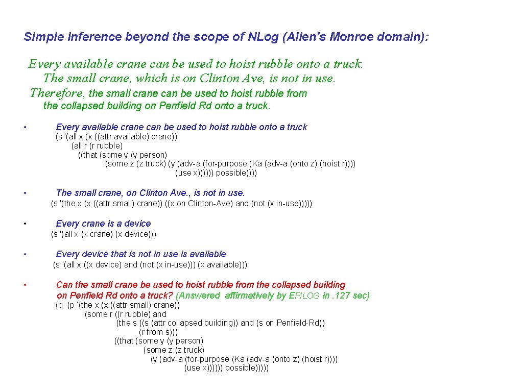 Simple inference beyond the scope of NLog (Allen's Monroe domain): Every available crane can