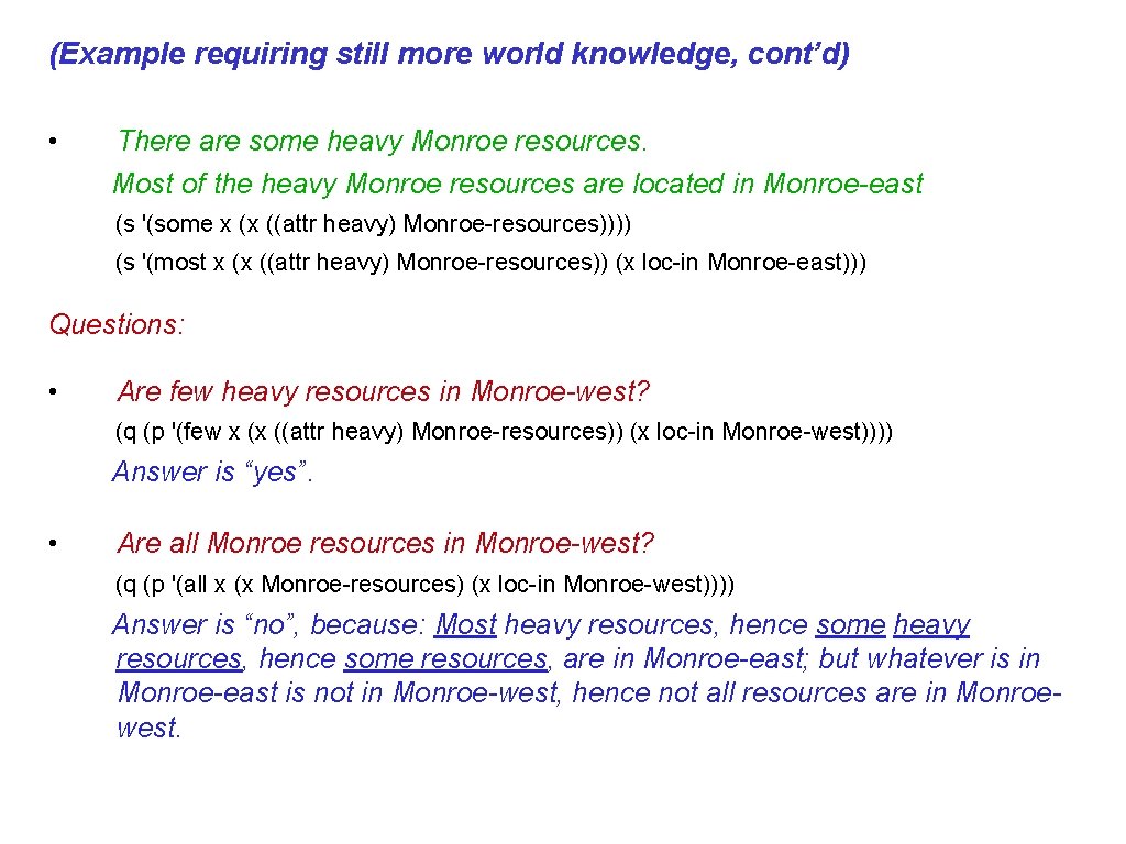 (Example requiring still more world knowledge, cont’d) • There are some heavy Monroe resources.