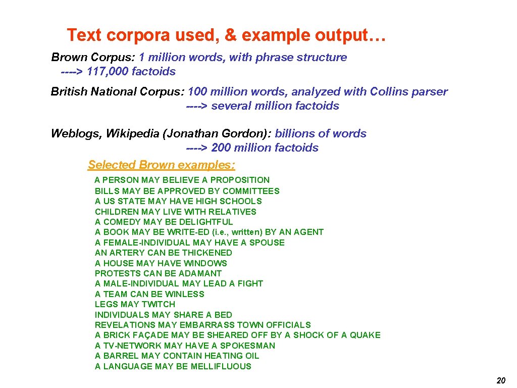 Text corpora used, & example output… Brown Corpus: 1 million words, with phrase structure