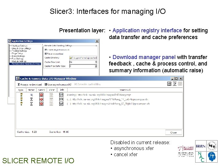 Slicer 3: Interfaces for managing I/O Presentation layer: • Application registry interface for setting