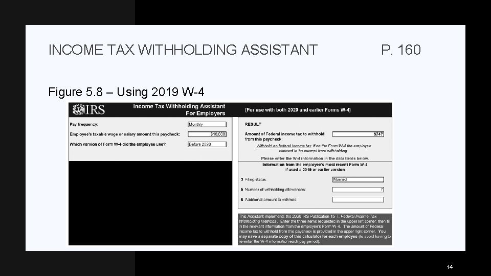 INCOME TAX WITHHOLDING ASSISTANT P. 160 Figure 5. 8 – Using 2019 W-4 14