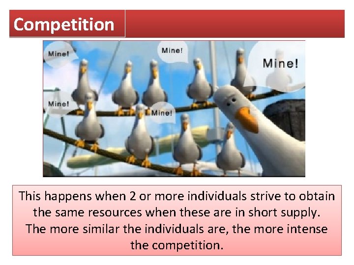 Competition This happens when 2 or more individuals strive to obtain the same resources